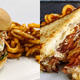 Left: Salmon Burger With Caper Dill Slaw Right: Swiss, white cheddar, Boursin, and French onion soup grilled cheese